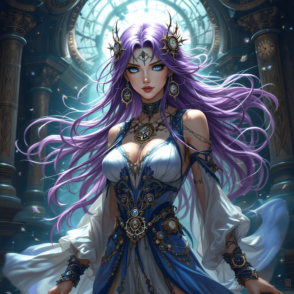 AI generated: 30. The Time-Warping Chronomancer: A unique and enigmatic sorceress with long, flowing, violet hair ...