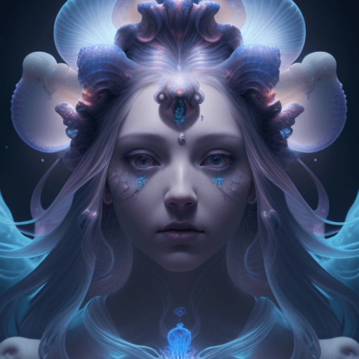 AI generated: Goddess close-up portrait ribcagel. jellyfish phoenix head, nautilus, orchid, skull, betta fish, bio...