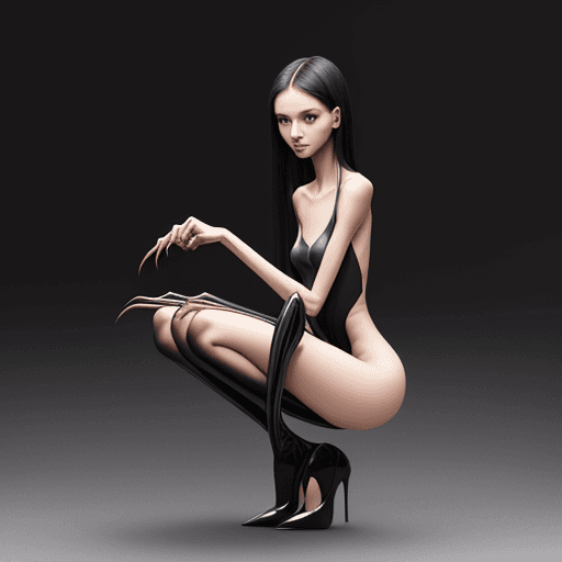 AI generated: very slim girl, with long curved claws, with skinny legs and long skinny calves in high heels and sq...