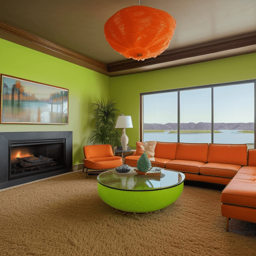 AI generated: High resolution photography interior design, dreamy sunken living room conversation pit, 70's retro ...