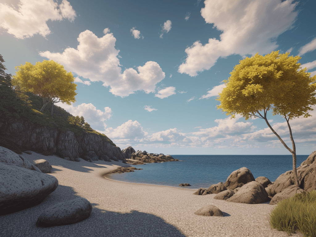 AI generated: photorealistic oil on canvas,
sparse clouds in a soaring sky, sunny, bright colors,
small trees, roc...