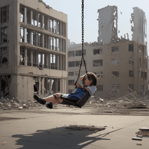 AI generated: art, Destroyed buildings, swing, school