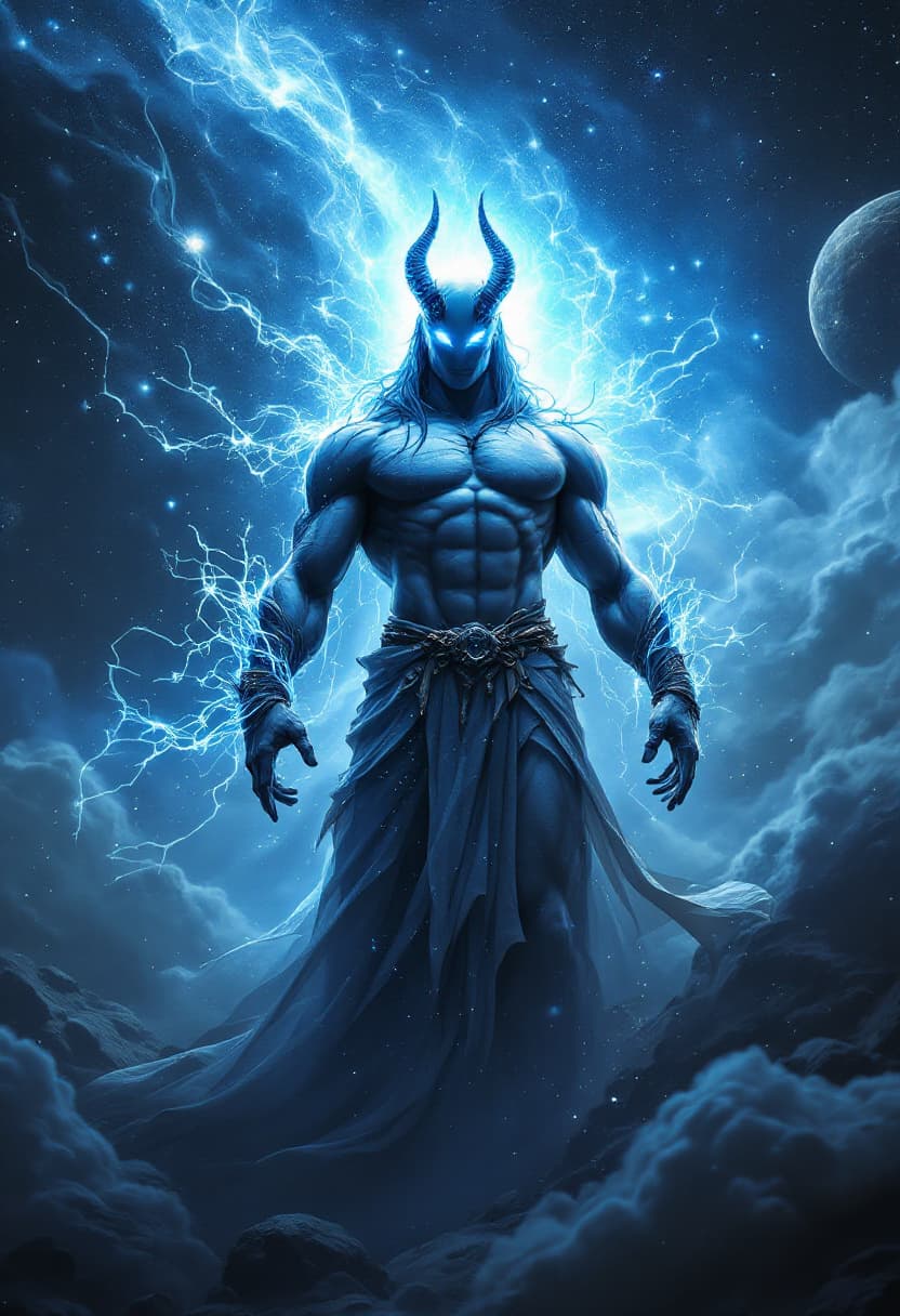 AI generated: God of sound, full-body, Etherial, muscular, No mouth or hair, Glowing clear eyes, epic, cinematic, ...
