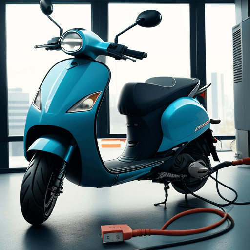 AI generated: Electric battery for scooter plugged in and charging in an office work on the ground 