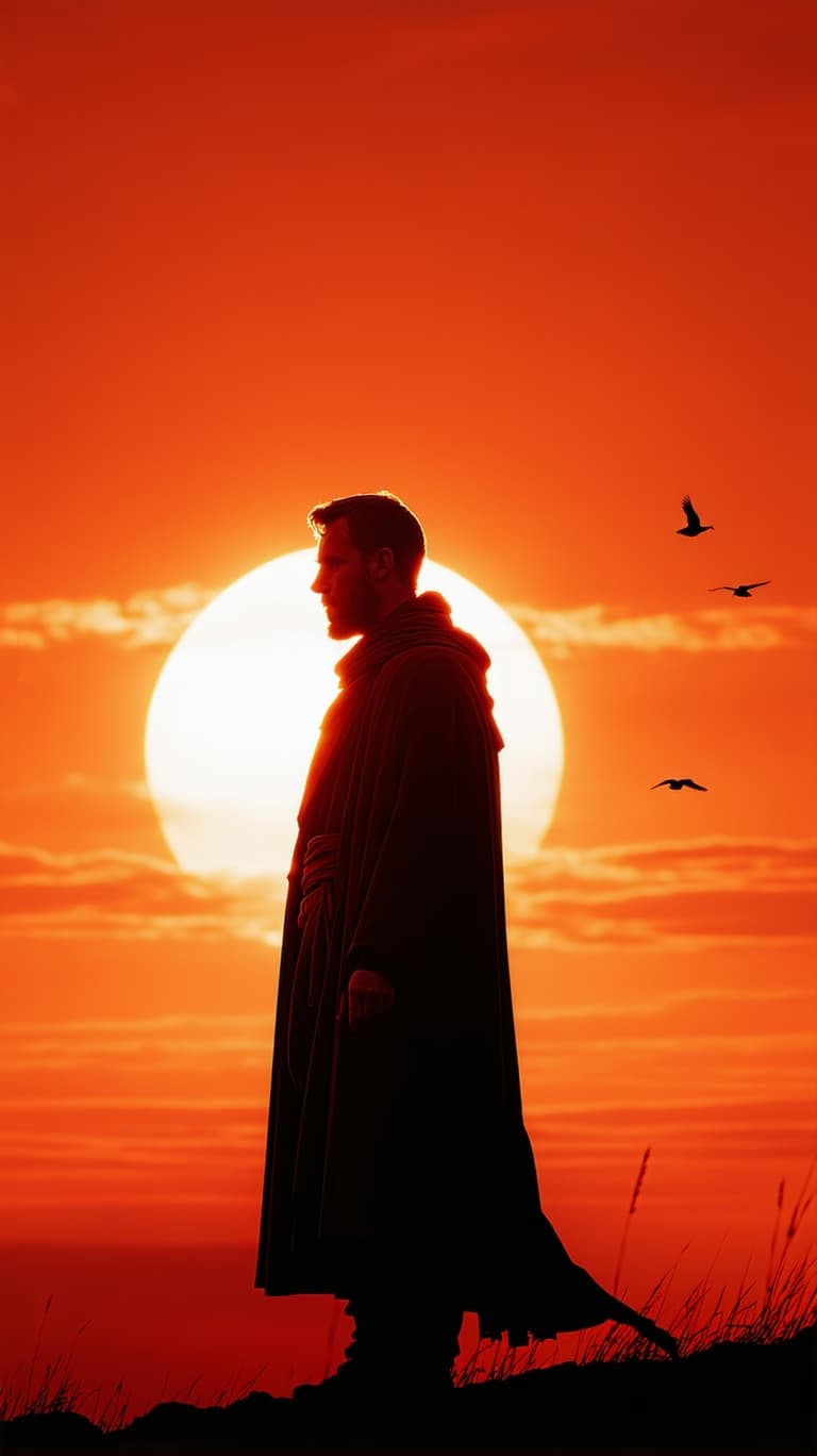 AI generated: "A medium close-up shot of a lone man standing atop a hill, his profile silhouetted against the fier...