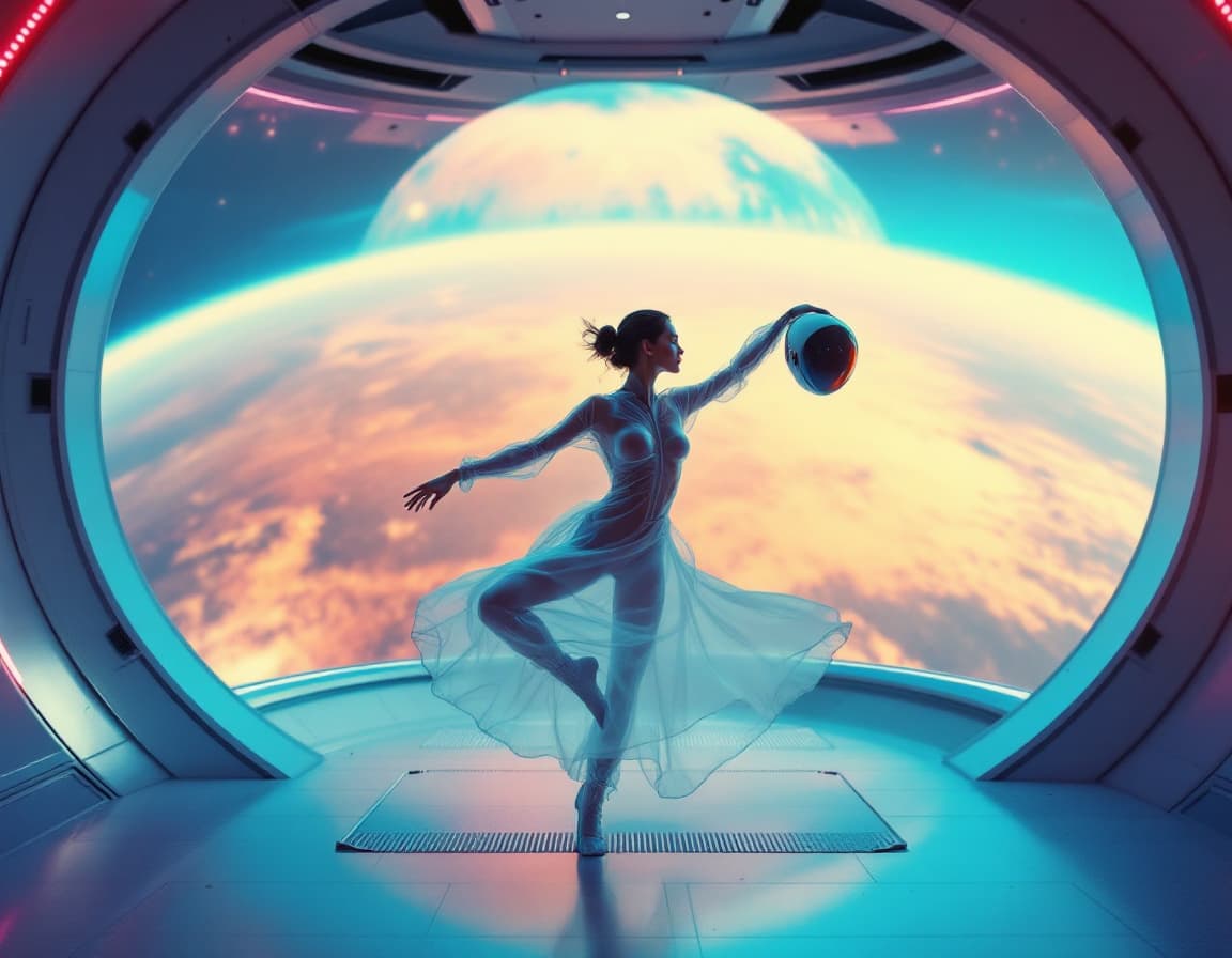 AI generated: In a spaceship, in front of a large panoramic window through which a nearby Mars-like planet can be ...