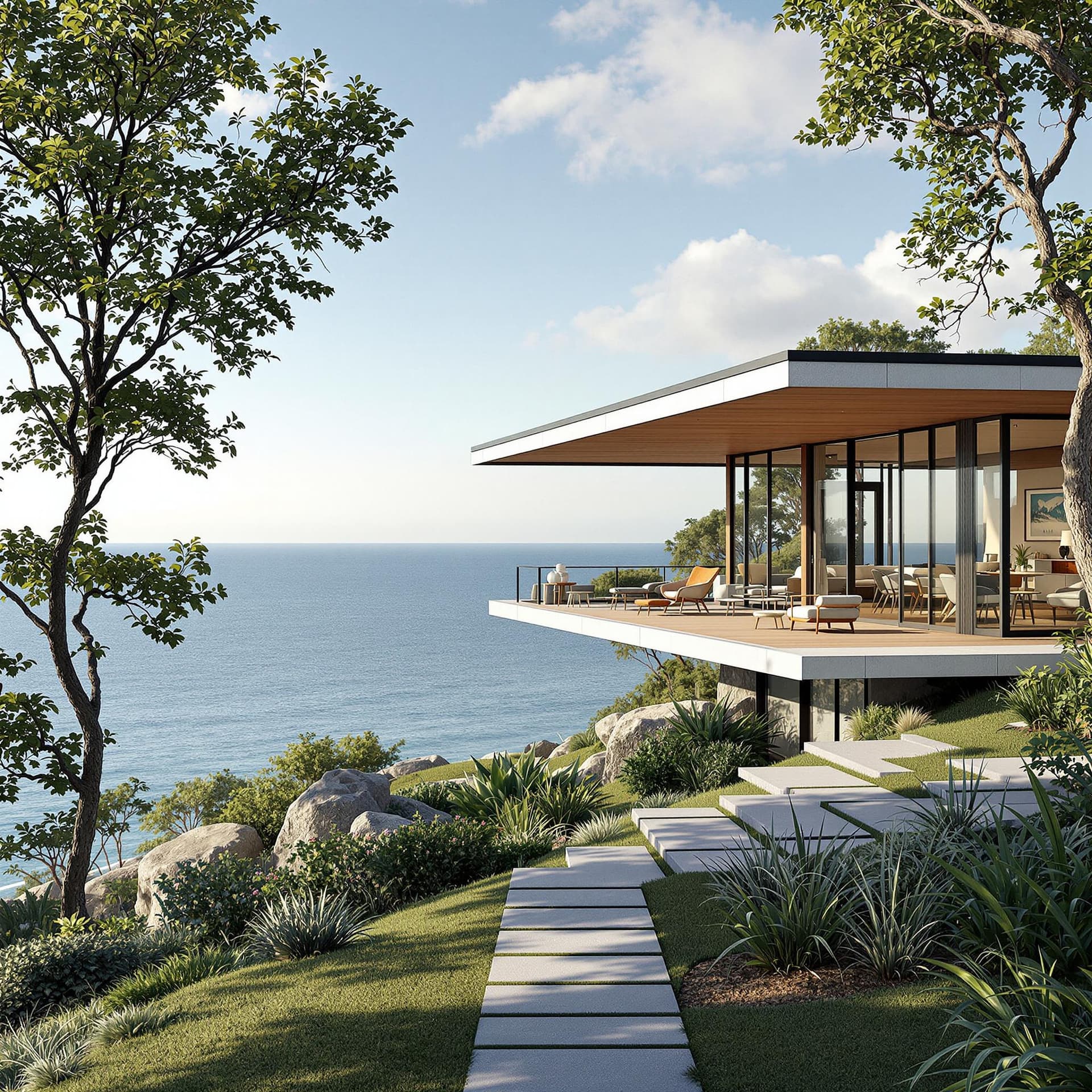 AI generated: Hyper realistic eye level exterior photo of a mid century modern style house overlooking the ocean, ...