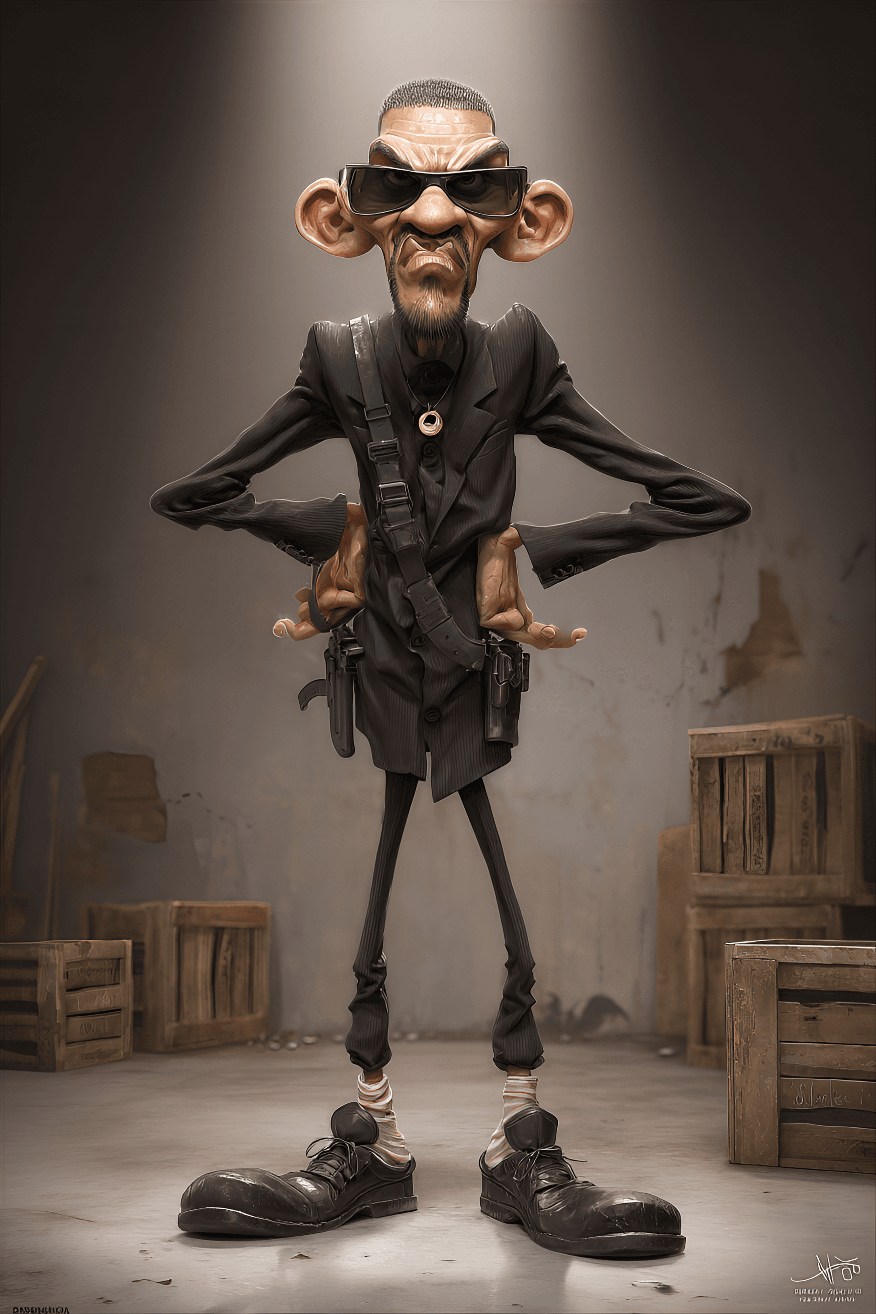 AI generated: funny caricature, zany gangsta henchman, latino ethnicity, 30 years old, clumsy, loyal, dim-witted, ...