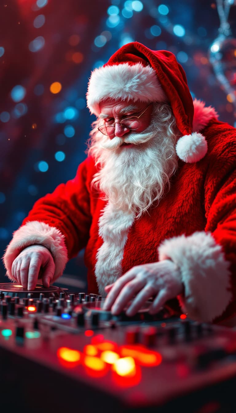 AI generated: iPhone Polaroid camera photo, santa claus, dj, mixing, galactic background, disco lights, red plush ...