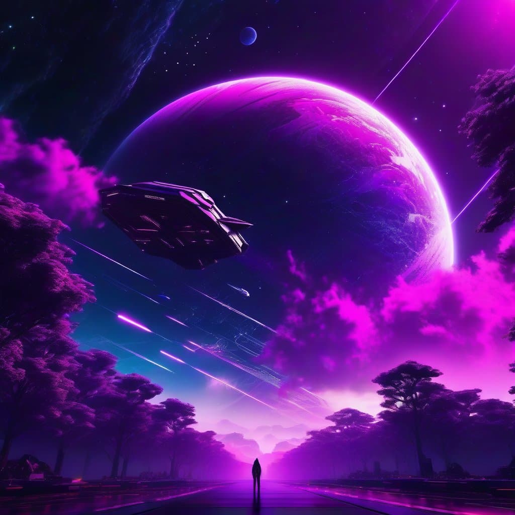 AI generated: [tree:spaceship:0.5] flying, night sky, detailed cloud nebula