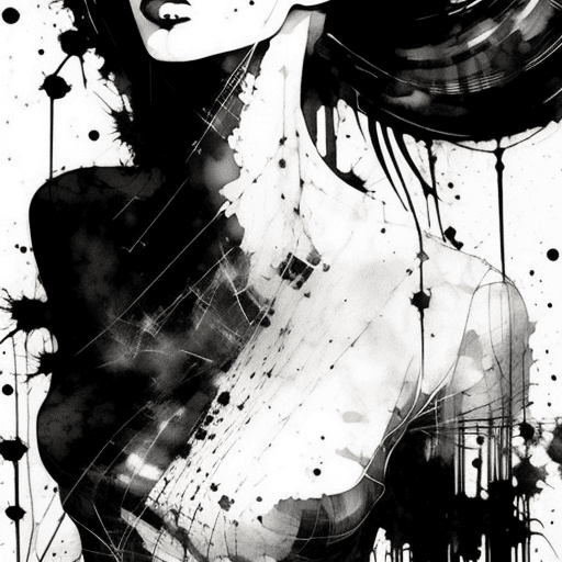AI generated: aesthetic, painterly style, modern ink, white girl, sensual, sultry, dark translucent blouse, expres...