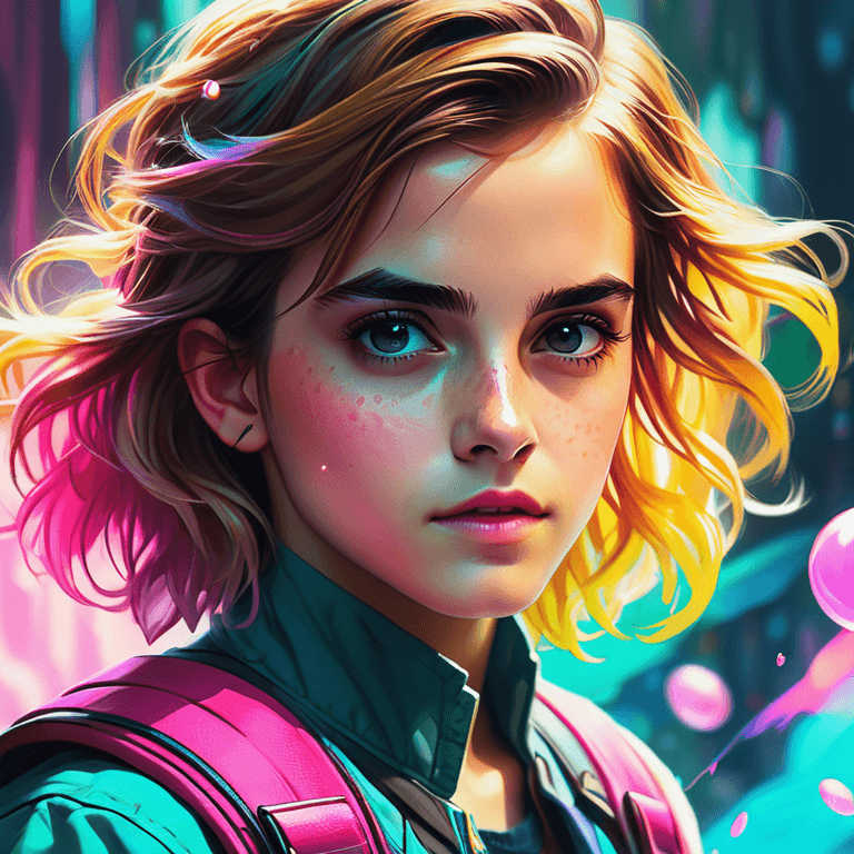 AI generated: Emma watson, Lighting and shading by Ross Tran, Close up, colorful, hand drawn, vibrant pastel color...