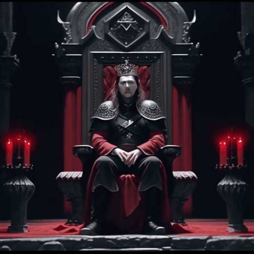 AI generated: DVD screengrab from a dark fantasy film, young king, sitting on a throne
, dark castle background, b...