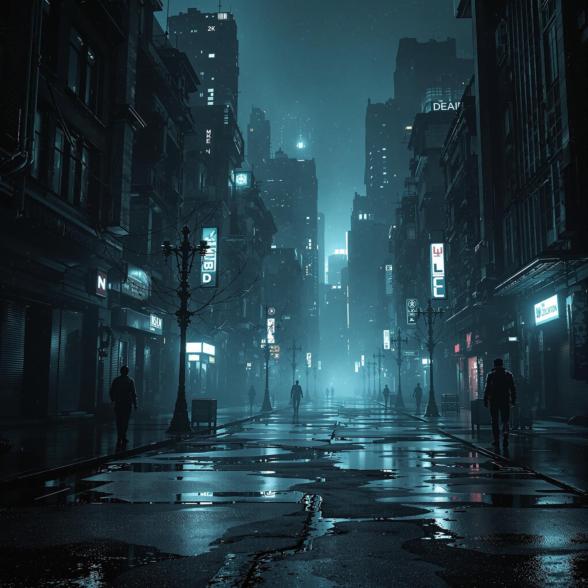 AI generated: Dystopian city of the future. Bleak dark and menacing. The streets are illuminated by a cool white l...