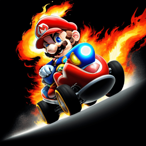 AI generated: an AI art piece that highlights the excitement of a turbo boost, with Mario's kart emitting flames a...