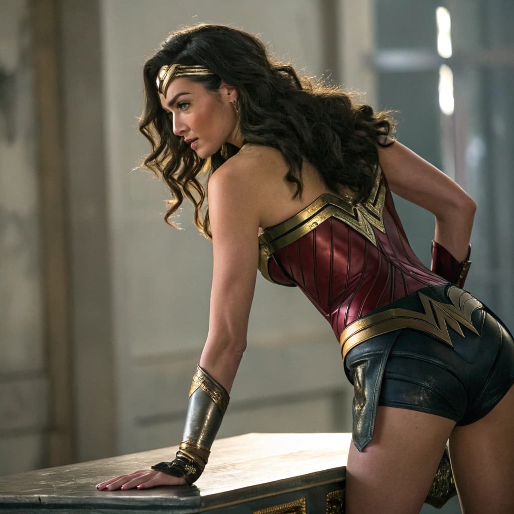 AI generated: Generate an image of Wonder Woman from DCU in her suit bending over on a table seductively teasing a...