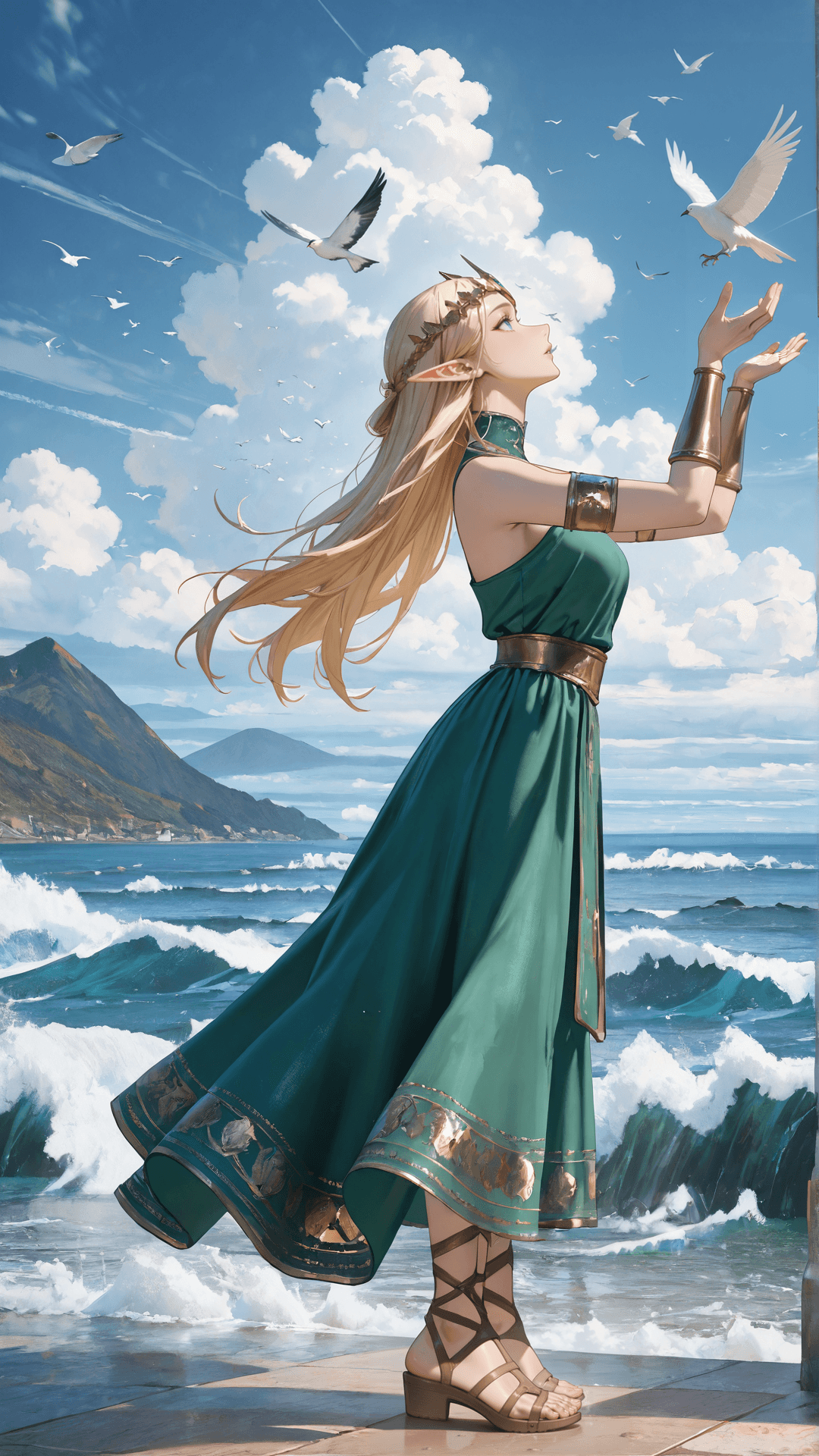AI generated: female,woman,elf girl,elf ears,pointy ears,blonde hair,long hair,half updo,gold headpiece,parted lip...