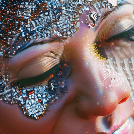 AI generated: close up portrait of woman looking towards the bright sun, glitter on her face, sun rays, glowy skin...