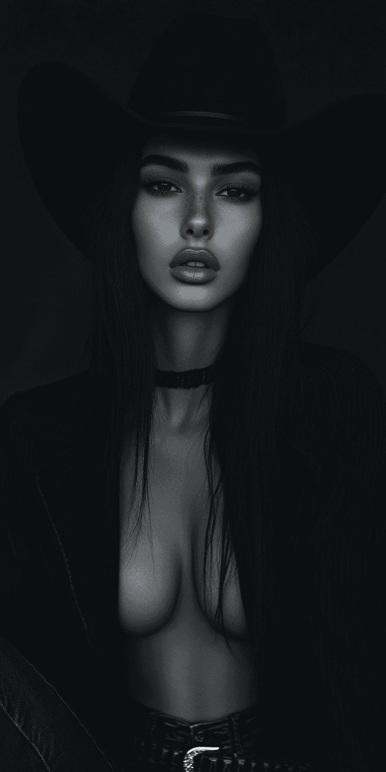 AI generated: A striking, high-contrast black and white portrait of a woman, shot in a studio setting. She is wear...