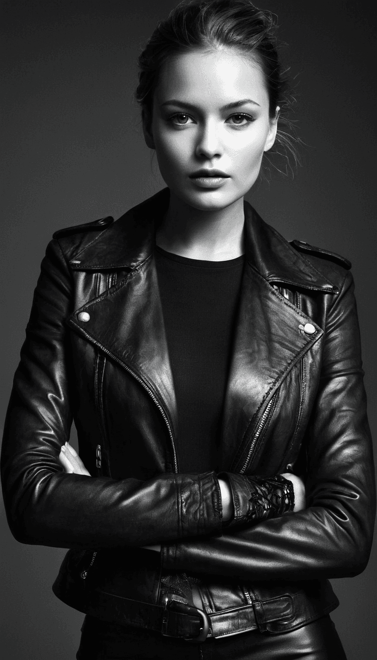 AI generated: black and white photography, fashion editorial, a darkhaired beautiful woman is leather jacket in st...
