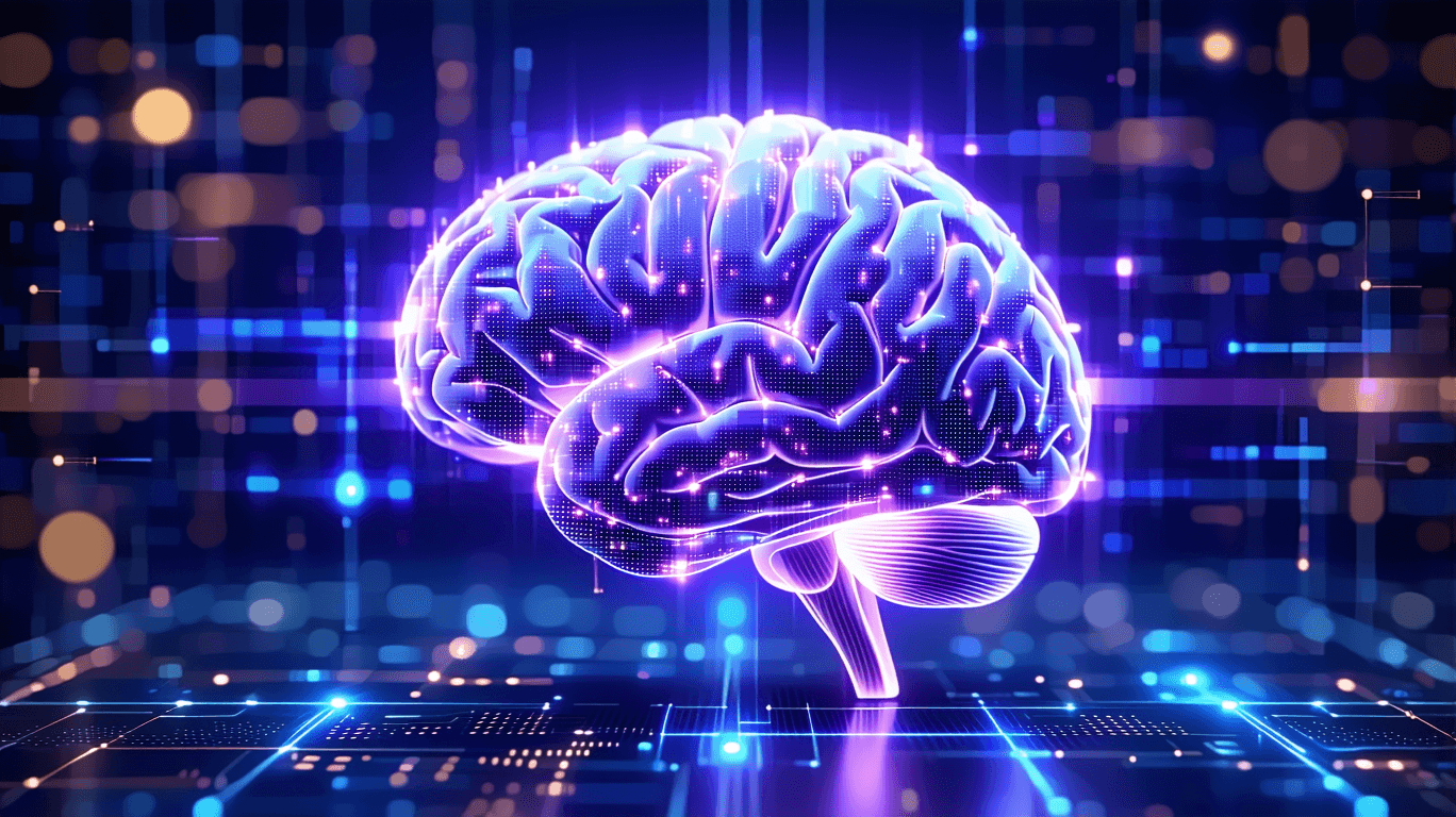 AI generated: A glowing, high-tech AI brain with interconnected neural pathways, illuminated by bright blue and pu...