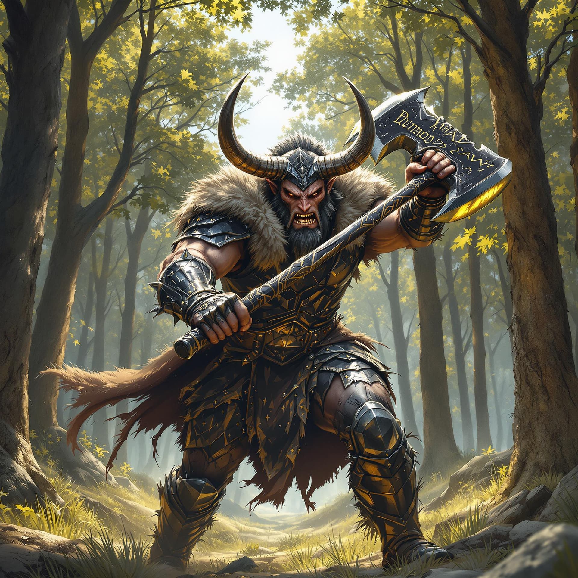 AI generated: A handsome-faced Minotaur barbarian warrior, clad in battered black chrome armor, charges forward in...