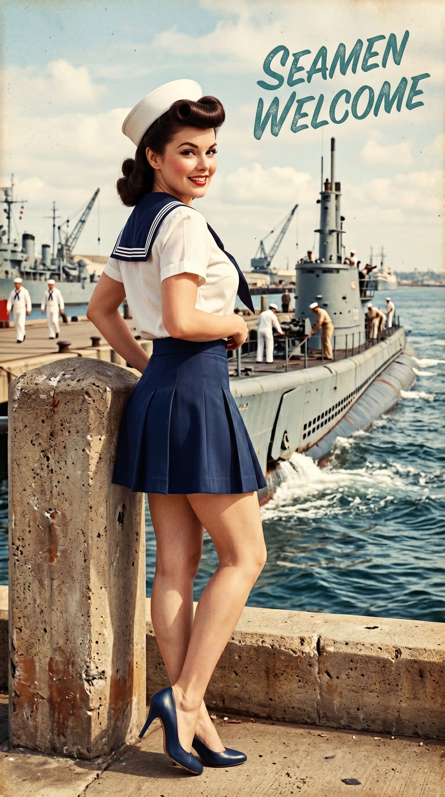 AI generated: Retro 1950s pin-up photograph: a glamorous fit and curvy American female model in a blue-and-white s...