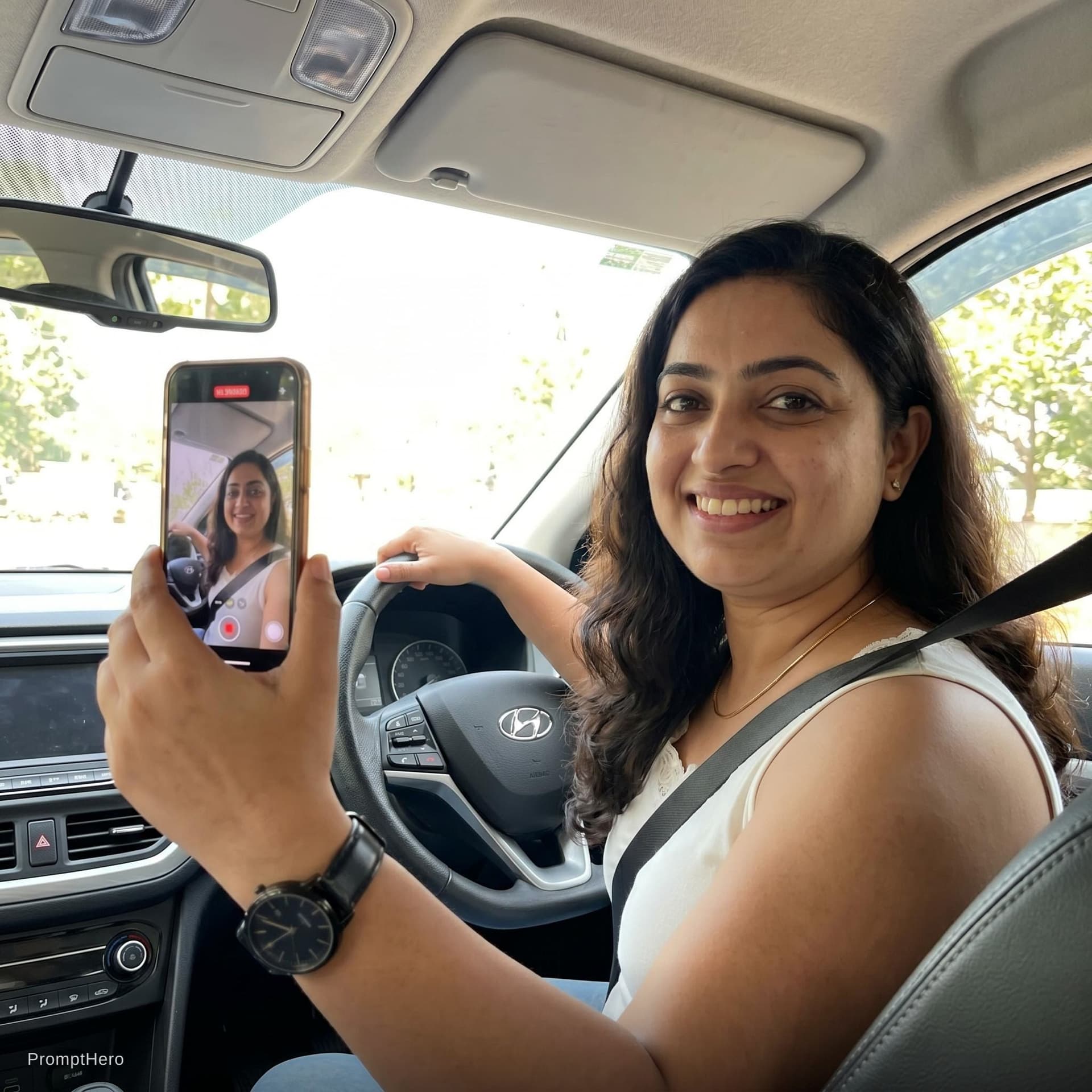 AI generated: this woman, but inside the car in the driver's seat, recording herself in selfie mode
