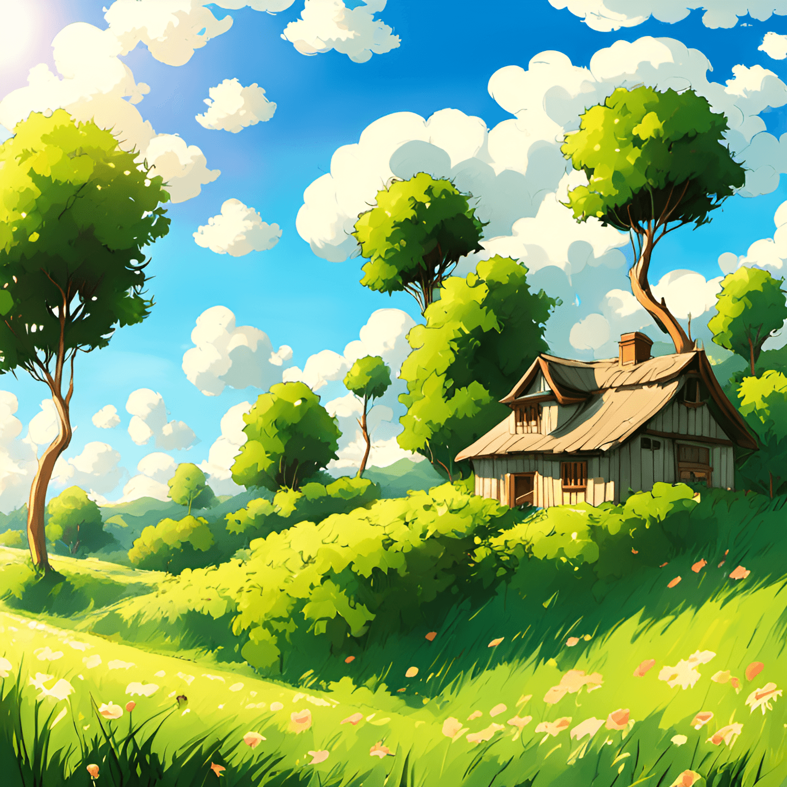 AI generated: master piece,anime landscape,inspire from your name anime,Nij,(a beautiful grass filed),fluffy cloud...
