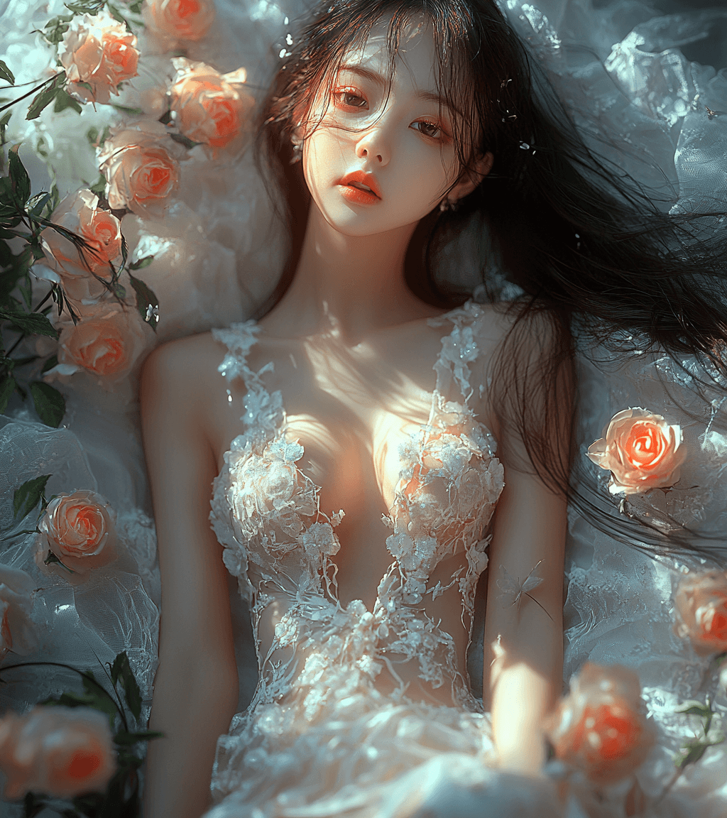 AI generated: A beautiful Asian woman wearing a white lace dress with a pink floral print, her long hair cascading...