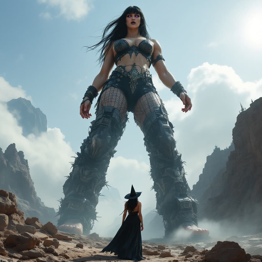 AI generated: enormous giantess female Rhea Ripley from WWE with black medium length hair and straight bangs, bigg...