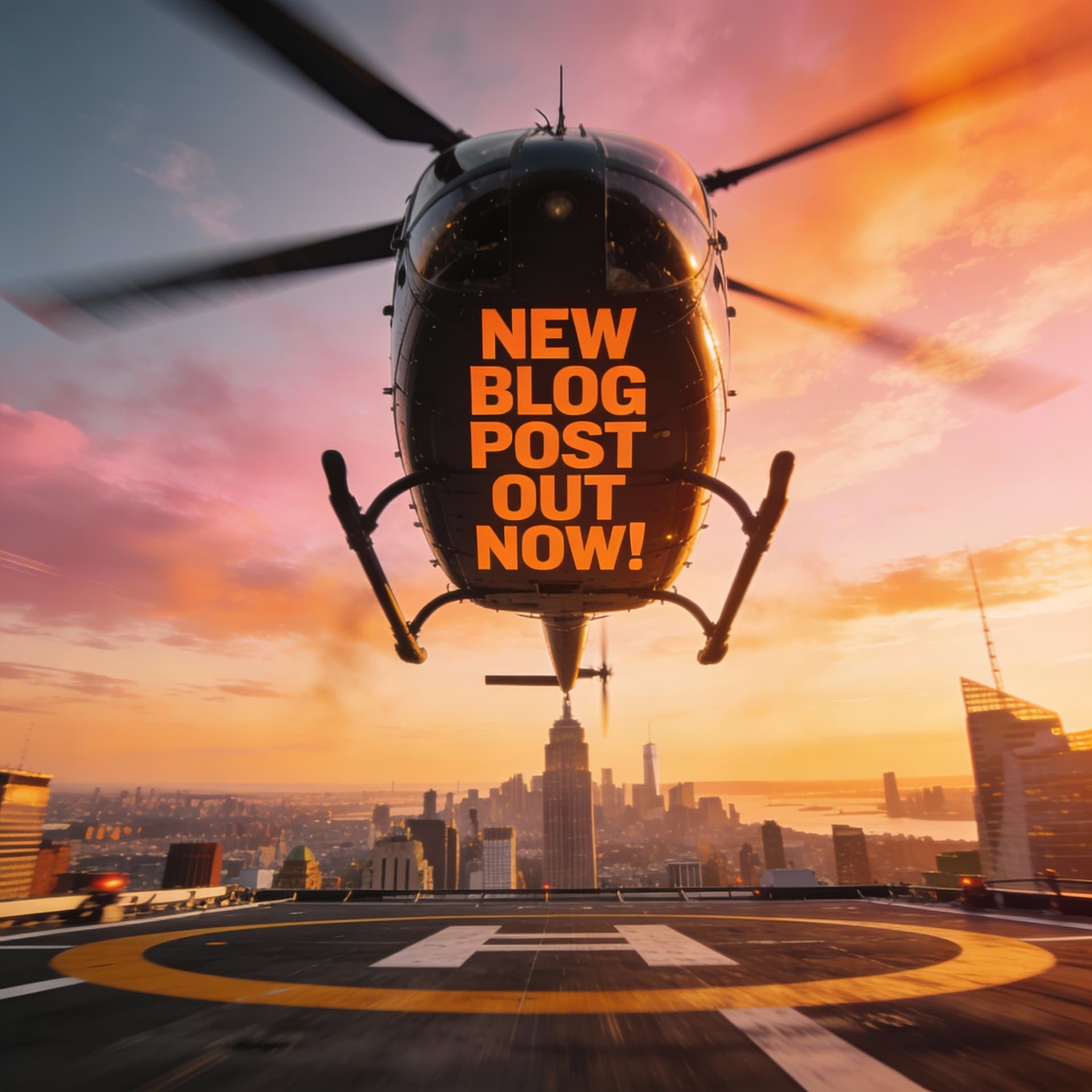 AI generated: a helicopter takes off from a new york rooftop helipad. As we look up and see the helicopter fly awa...