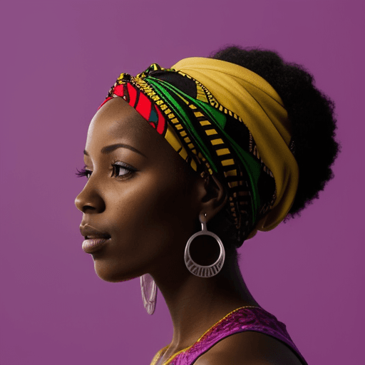 AI generated: Black silhouette of african american woman in a colorful head wrap and with an earring. Beautiful bl...