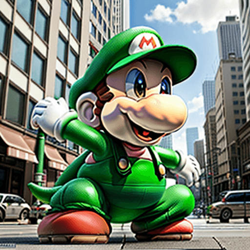 AI generated: create an image that features yoshi the supermario character set in a city