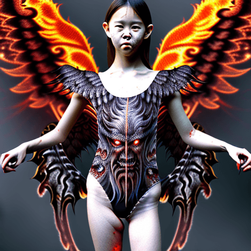 AI generated: extremely detailed hyper-realistic Winged Female Demon Arch-angel manguri, fire lava background, ful...