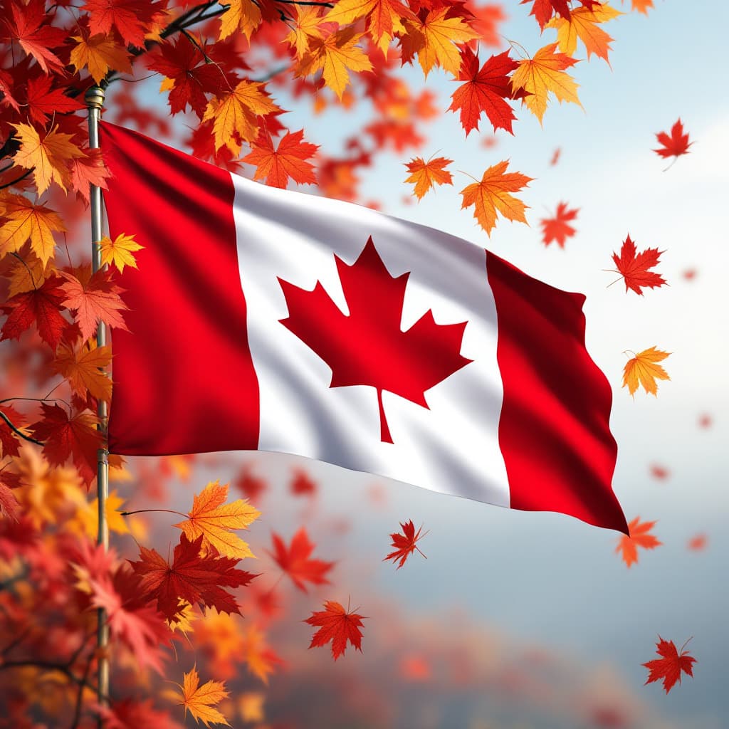 AI generated: Canadian Flag Surrounded by Maple Leafs floating