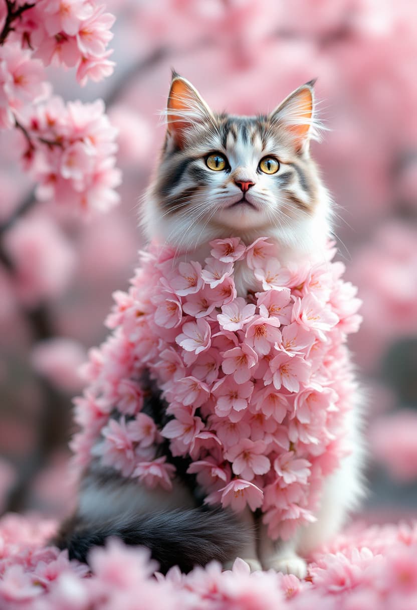 AI generated: Cat made of sakura flowers, photo realistic wildlife photography