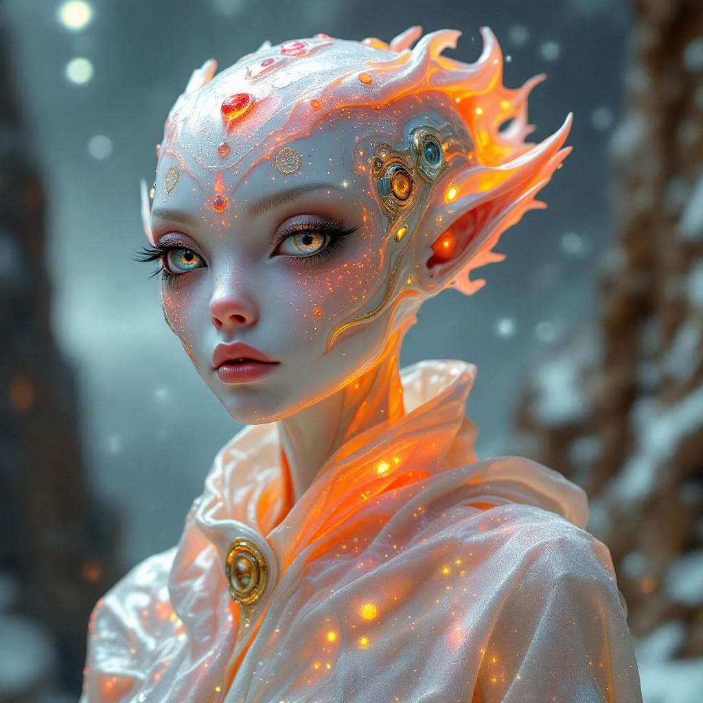 AI generated: Create a unique, flesh, organic, species, Male and Female. Otherworldly human figures with iridescen...