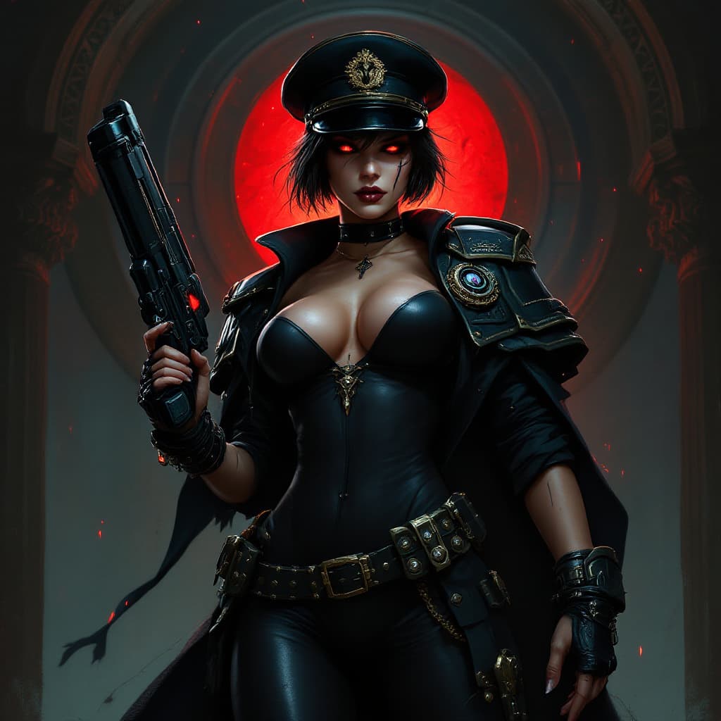AI generated: artwork in the grimdark style of warhammer 40k of a sexy female comissar, standing infront a gothic ...
