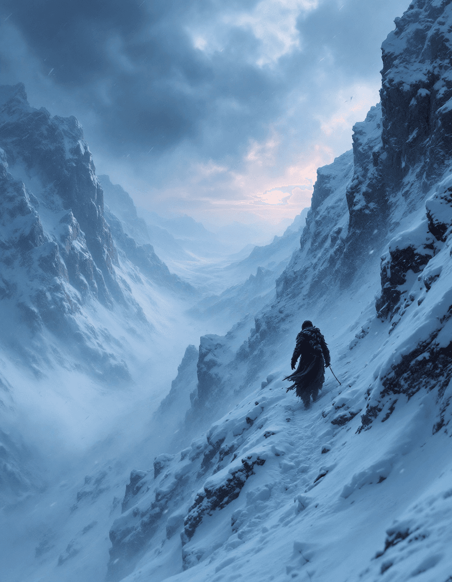 AI generated: A dramatic, concept art–style scene of a lone figure ascending a jagged, snow-covered mountain in th...