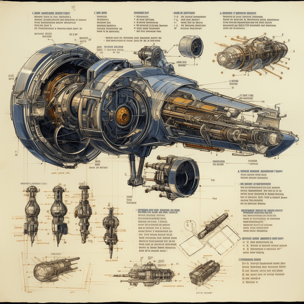 AI generated: sketches blueprint of futuristic sci fi, warp engine, warp bubble configurations, hyperdrive engines...