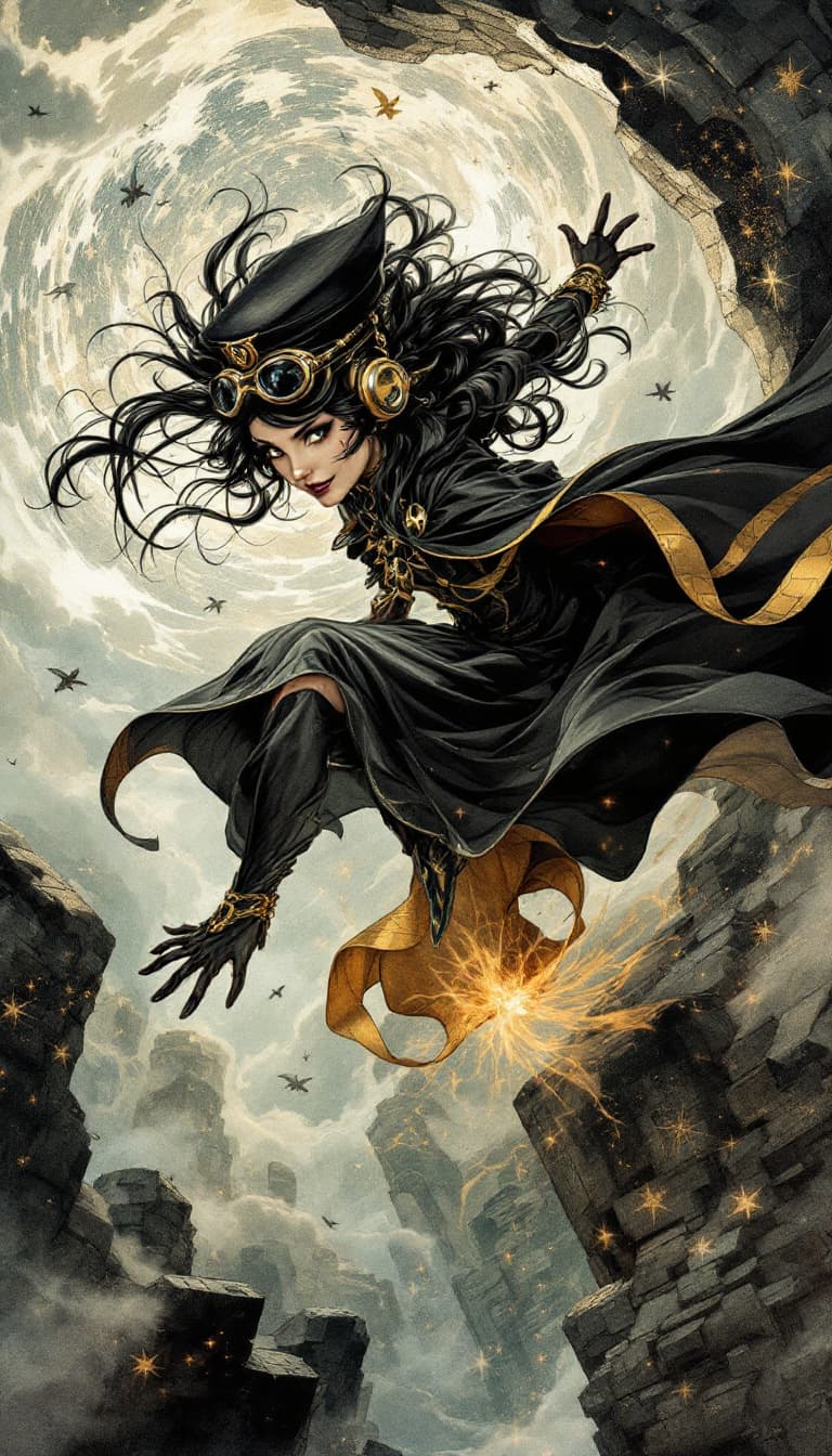 AI generated: A spellbinding and richly detailed drawing of a raven-haired sorceress, radiating confidence as she ...