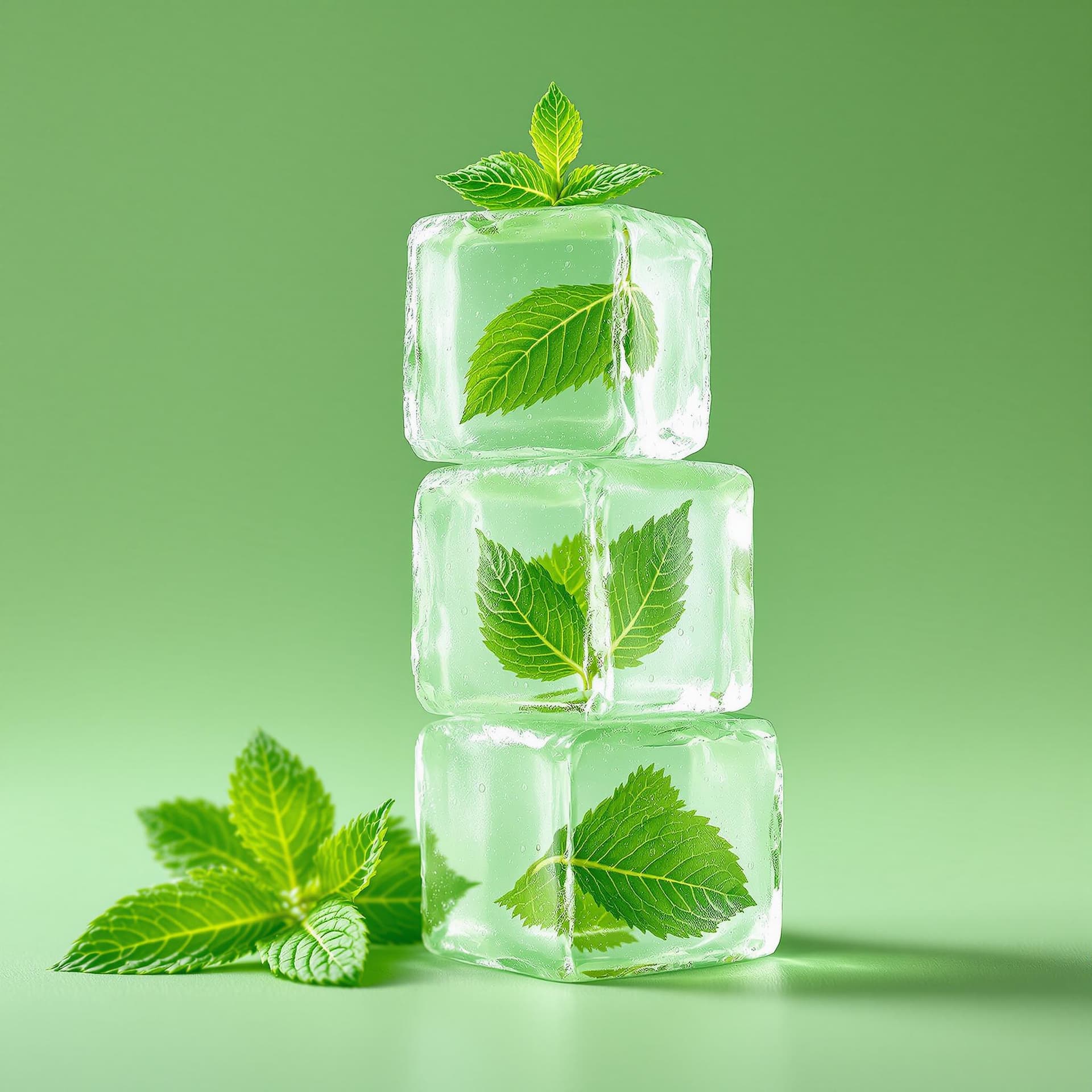 AI generated: The image features a stack of three green ice cubes, each with a mint leaf frozen inside, set agains...