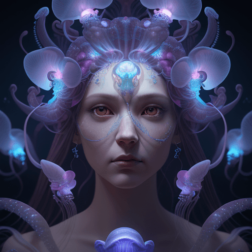 AI generated: Goddess close-up portrait ribcagel. jellyfish phoenix head, nautilus, orchid, skull, betta fish, bio...