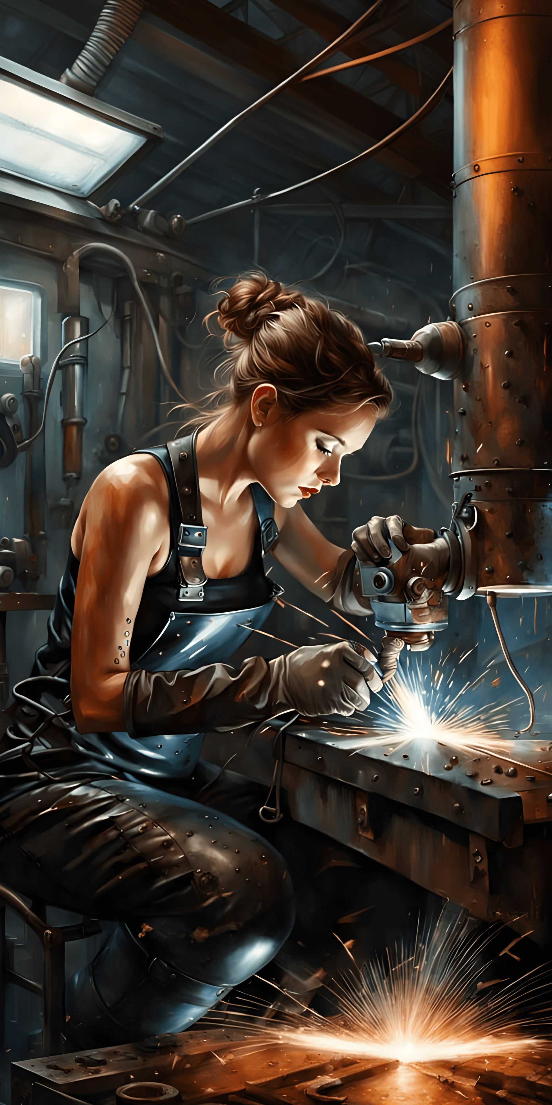 AI generated: Incredible modern art portrait of female metal welder at work machine, humid and sultry atmosphere, ...