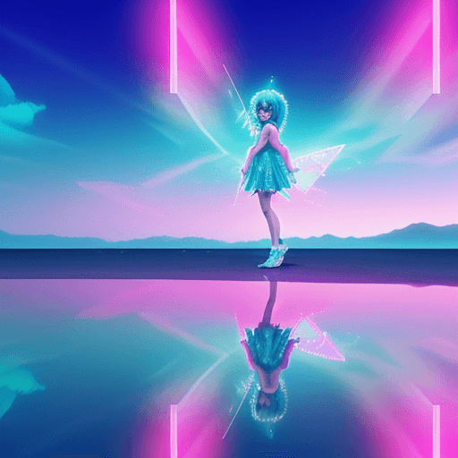 AI generated: Cirno, esta con el fondo de retrowave con colores vaporwave y neon brillando reflejando prompts