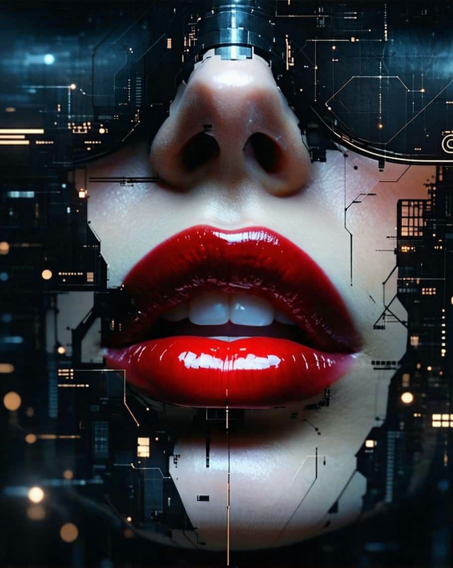 AI generated: Hyper-realistic futuristic, intricate details, bold red lips, dark and moody cinematic portrait, pho...