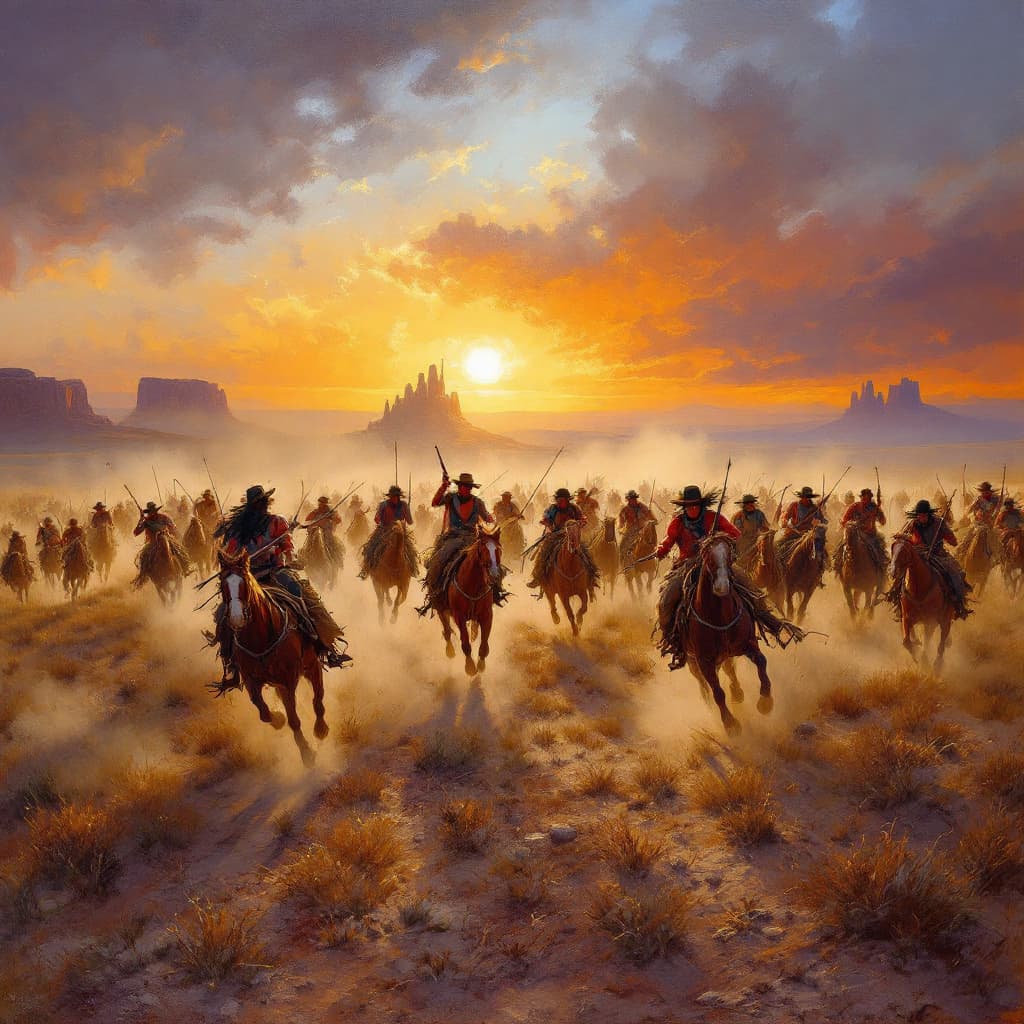 AI generated: An award-winning oil painting capturing the raw intensity of a wagon train circled in defense as a g...