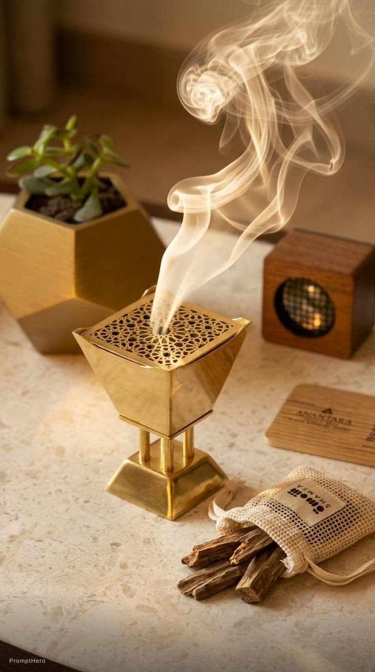 AI generated: Luxury incense burner product photography, elegant Arabic mabkhara, soft warm lighting, oud smoke fl...