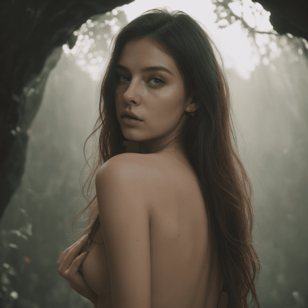 AI generated: Her back to the camera, standing in front an old stone wall, (overgrown:1.1) with (purple:1.1) and (...
